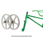 Two white wheels are displayed next to the green Skyway Street Beat EX 20 Inch Bike frame and fork. Text below reads: "PICTURE FOR COLOUR REFERENCE ONLY.