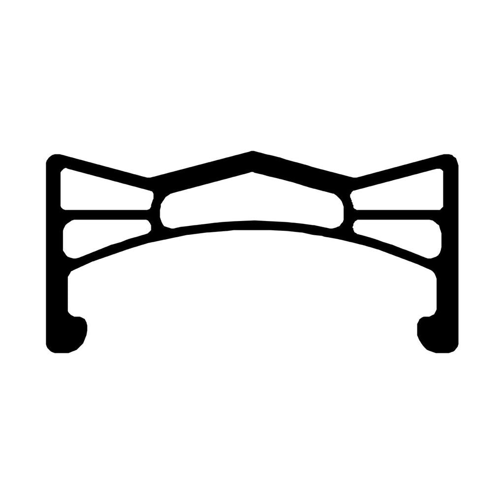 Black outline of an abstract, symmetrical bridge-like structure with geometric shapes on white, inspired by the bold lines and durability of the Odyssey Hazard Lite 24 Inch Rim.