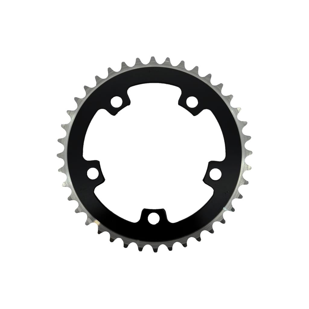 The DRS 110BCD 5 Hole Chainring is a metal alloy chainring featuring five bolt holes and evenly spaced teeth, shown against a white background.
