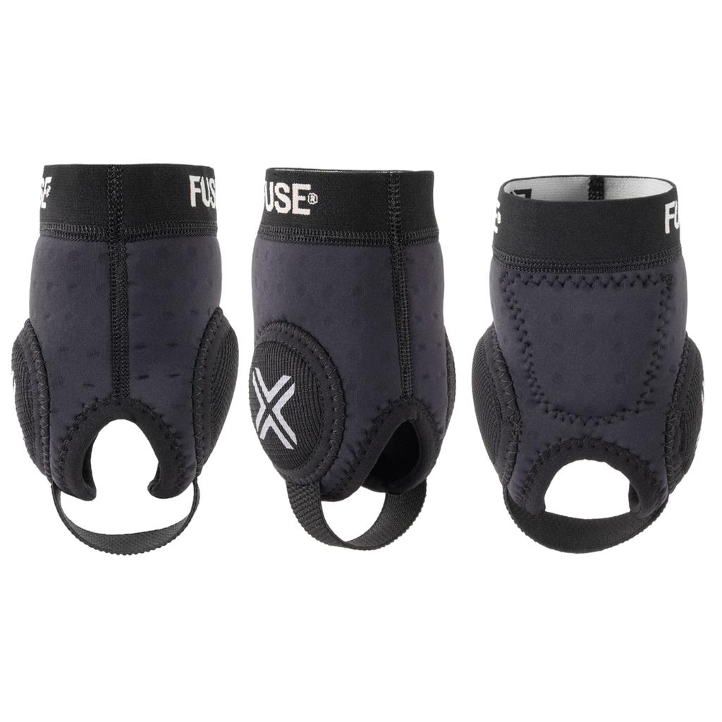 Three Fuse Alpha Classic Ankle Guards (Pair) with EVA foam padding, open heel and foot straps, shown from various angles on a white background.