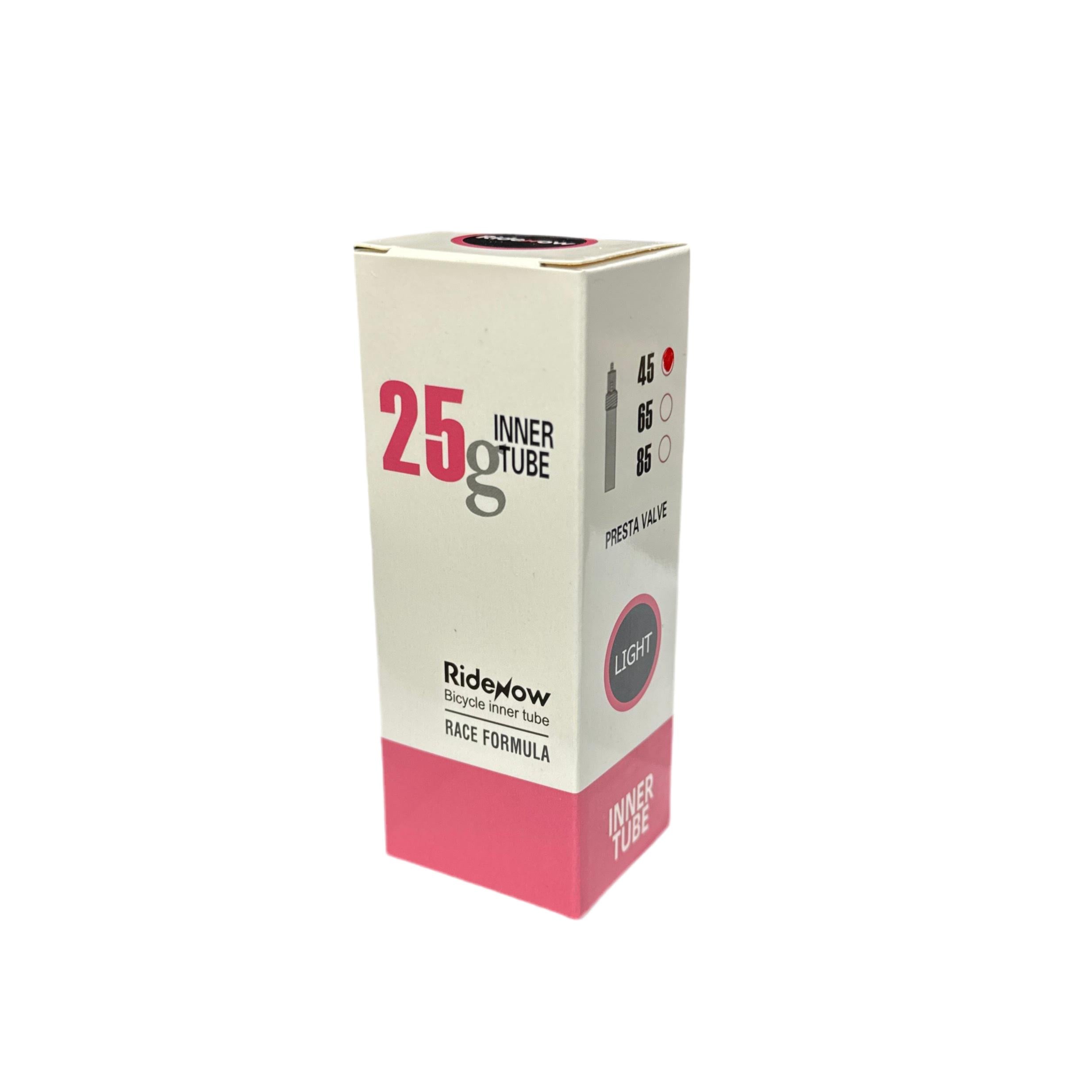 A white and pink box labeled "25g INNER TUBE" for RideNow 20 Inch Tube with Presta (French) Valve, displaying valve size options and "RACE FORMULA" text.