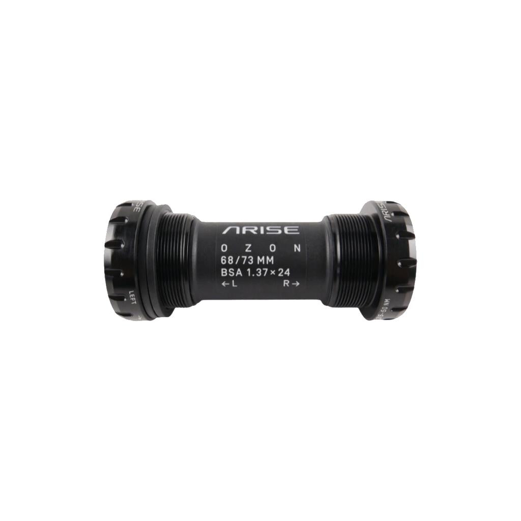 The Arise Ozon Euro External Bottom Bracket, made from CNC machined 6061-T6 alloy in black, features BSA 1.37x24 threading for easy installation, enhancing your BMX race frame's performance.