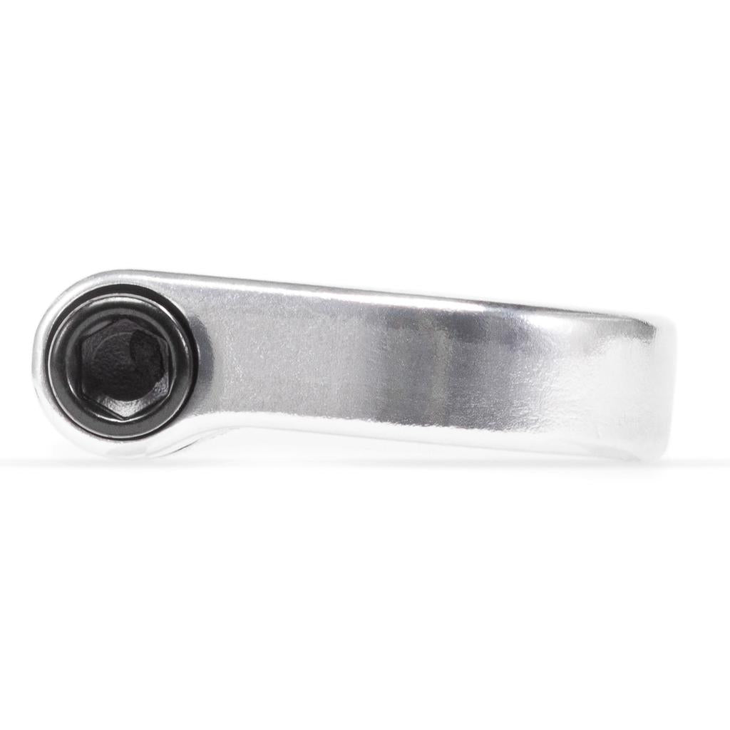 Close-up of the Eclat Pure Seat Clamp, made from 6061-T6 alloy for strength and durability. The silver metallic clamp features a hexagonal screw on one end, isolated against a white background.