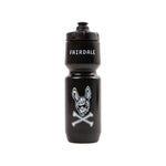 The Fairdale Jolly Roger Water Bottle is black, features "FAIRDALE" near the top, a rabbit head above crossed bones graphic on the front, is made from BPA-free plastic, and has a convenient MoFlo cap for easy drinking.