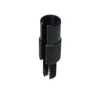 A close-up of the Fly Bikes Barrel Adjuster, a black metal cable end cap with slotted opening and M6 thread for upper cable housing, shown isolated on a white background.