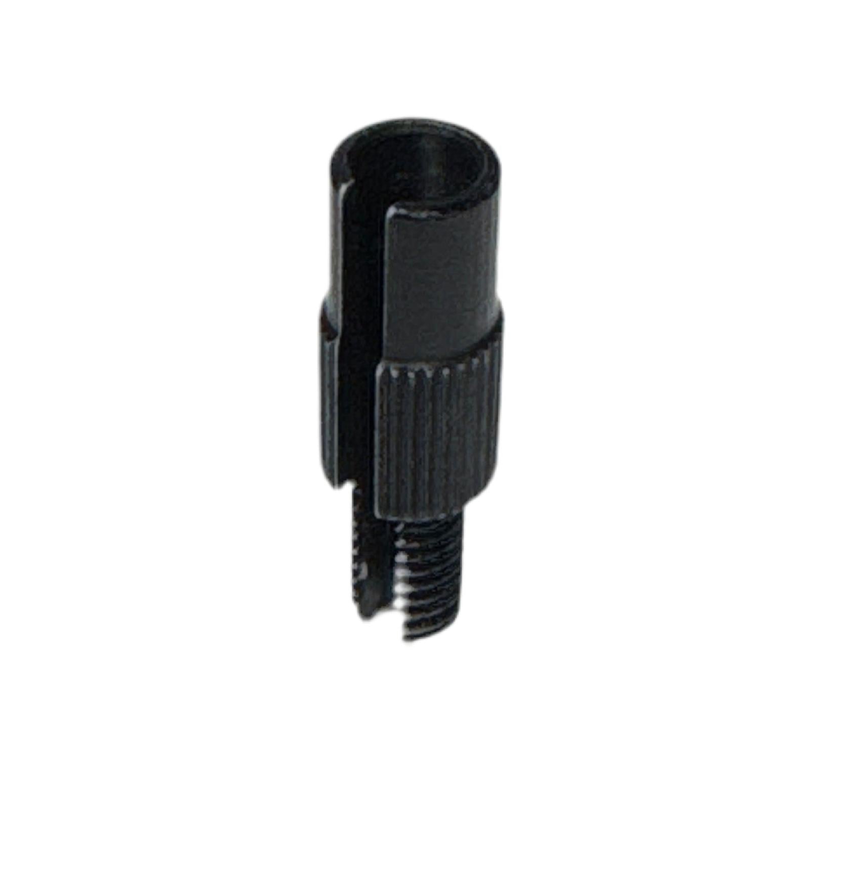 A close-up of the Fly Bikes Barrel Adjuster, a black metal cable end cap with slotted opening and M6 thread for upper cable housing, shown isolated on a white background.