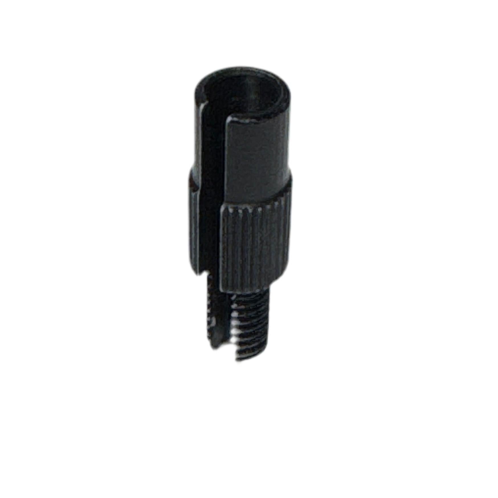 A close-up of the Fly Bikes Barrel Adjuster, a black metal cable end cap with slotted opening and M6 thread for upper cable housing, shown isolated on a white background.