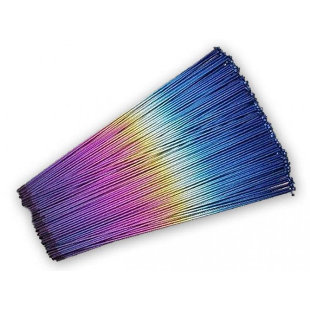The MCS Rainbow Titanium Spoke (Each) features a super lightweight design with a fan-shaped arrangement and a stunning gradient of colors from blue to purple to yellow.