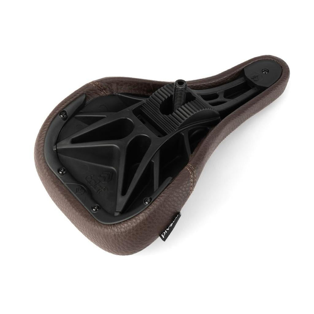Eclat Exile Pivotal Seat in brown, featuring a black plastic base and a central mounting bolt, shown from the underside.