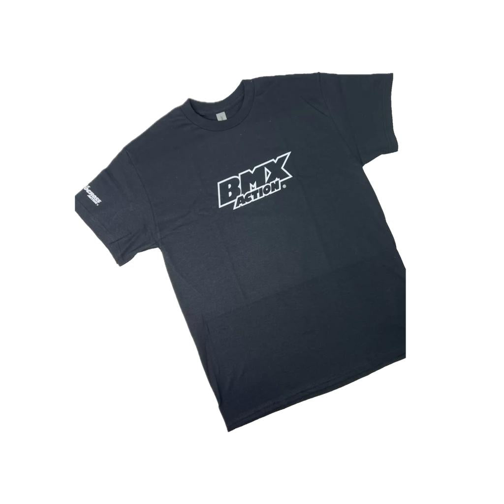 The MCS BMXA Logo T-Shirt is crafted from soft Airlume cotton, featuring "BMX ACTION" in bold white letters on the chest and a small white logo on the left sleeve—a tribute to Bicycle Motocross Action Magazine.