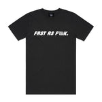 The LUXBMX FAF Tee Black is a classic-fit cotton crewneck featuring bold white "FAST AS F•••K" text, with the third word creatively stylized using three diagonal lines. Finished with the signature LUX flag logo, this tee offers standout style and comfortable everyday wear.