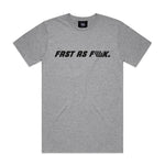 LUXBMX FAF Tee Grey Marle—classic-fit cotton crew in grey marle featuring bold "FAST AS F**K." text across the chest and a subtle LUX flag logo for a signature touch.