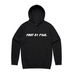 Introducing the LUXBMX FAF Hoodie / Black—a black mid-weight pullover hooded sweatshirt with a front pocket, boldly featuring "FAST AS F***." in white text across the chest and finished with the signature LUX flag logo.