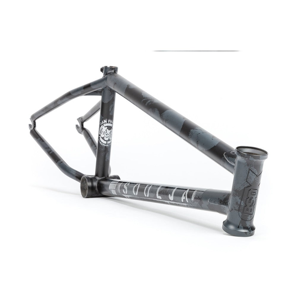 A black BSD Soulja V3 Frame featuring several white decals, isolated on a white background.