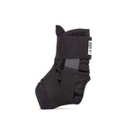 The Fuse Alpha Pro Ankle Brace (Pair) in black, designed with reinforced straps and crafted from anti-bacterial neoprene, featuring a Velcro closure, is displayed upright on a white background.