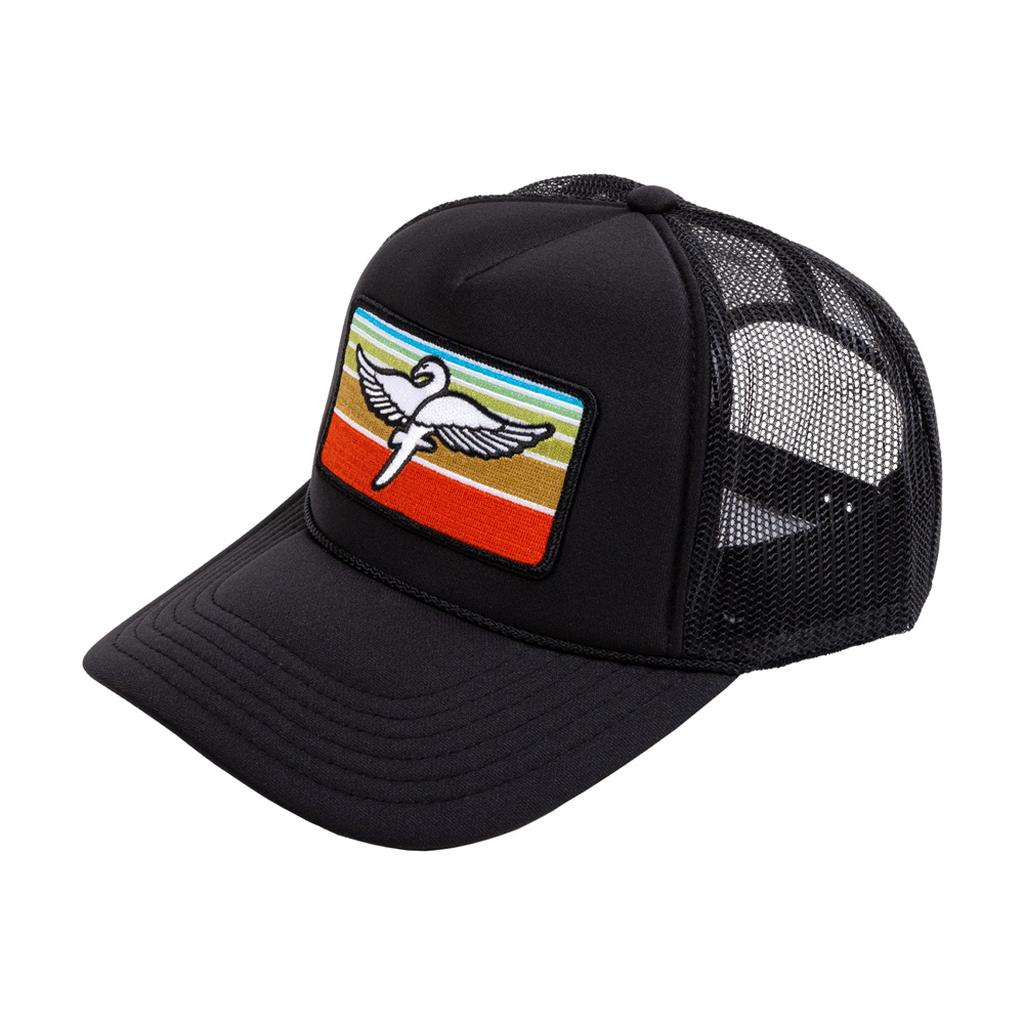 The Fairdale Swan Cap is a black trucker mesh hat with a colorful Swan patch featuring a winged staff design on the front—a standout piece in the Fairdale hats collection.