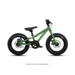 The Radio Zuma 14 Inch Bike features thick black tires, a black seat, and flat handlebars. This lightweight kids’ mountain bike is shown on a white background. Note: Product appearance may vary.