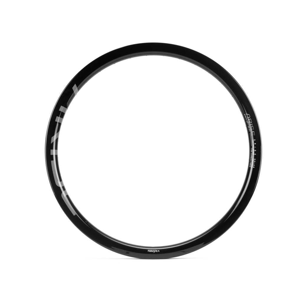 The Arise Solar 24 Inch Cruiser Rim is a black, circular 507mm rim made from T700 Torayca Carbon Fibre with white side graphics, shown against a plain white background.