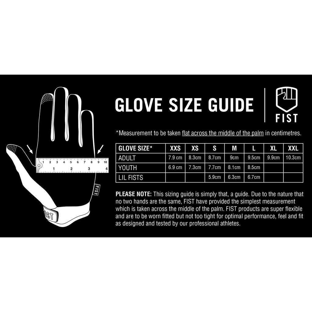 Diagram showing a size guide for LUXBMX X FIST V2 Gloves - Black/White, with a hand illustration, ruler measuring palm width in cm, and a chart listing glove sizes from XXS to XXL—ideal for choosing your perfect BMX gloves.