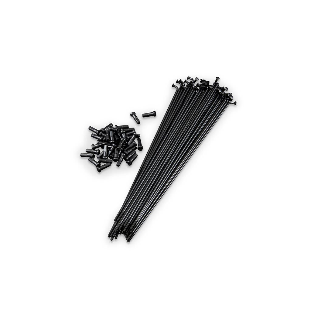 A set of Fly Bikes Spokes (20 Pack) with durable stainless steel construction, featuring long black spokes and accompanying black nipples, ready for high-tension lacing on a white background.