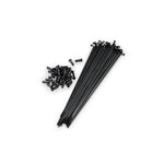 A set of Fly Bikes Spokes (20 Pack) with durable stainless steel construction, featuring long black spokes and accompanying black nipples, ready for high-tension lacing on a white background.
