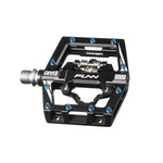 The Funn Mamba S SPD Pedals feature a black pedal with blue bolts, a silver axle, and the white "FUNN" logo, perfect for enduro racing enthusiasts.