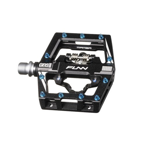 The Funn Mamba S SPD Pedals feature a black pedal with blue bolts, a silver axle, and the white "FUNN" logo, perfect for enduro racing enthusiasts.