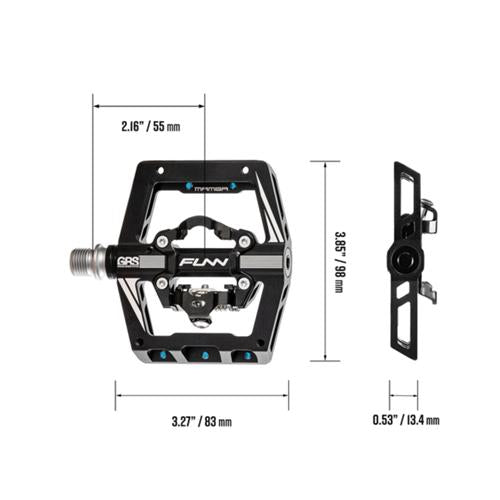 The black Funn Mamba S SPD Pedals, measuring 3.27" x 2.16" x 0.53" (83 x 55 x 13.4 mm), feature "FLN" branding and a sturdy metal build, perfect for enduro racers seeking durability.