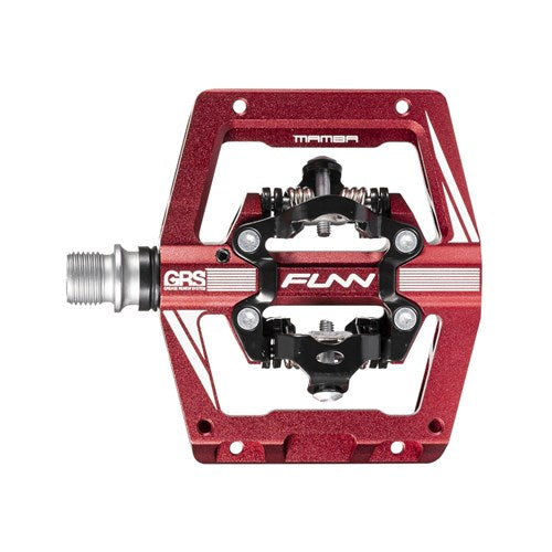 The Funn Mamba S SPD Pedal (Small Platform) is a red bicycle pedal with a metallic finish, ideal for enduro racing. It features the brand logo "Funn," plus "Mamba" and "GRS" text. It's designed for clipless cycling shoes and compatible with Shimano SPD systems, offering high performance.