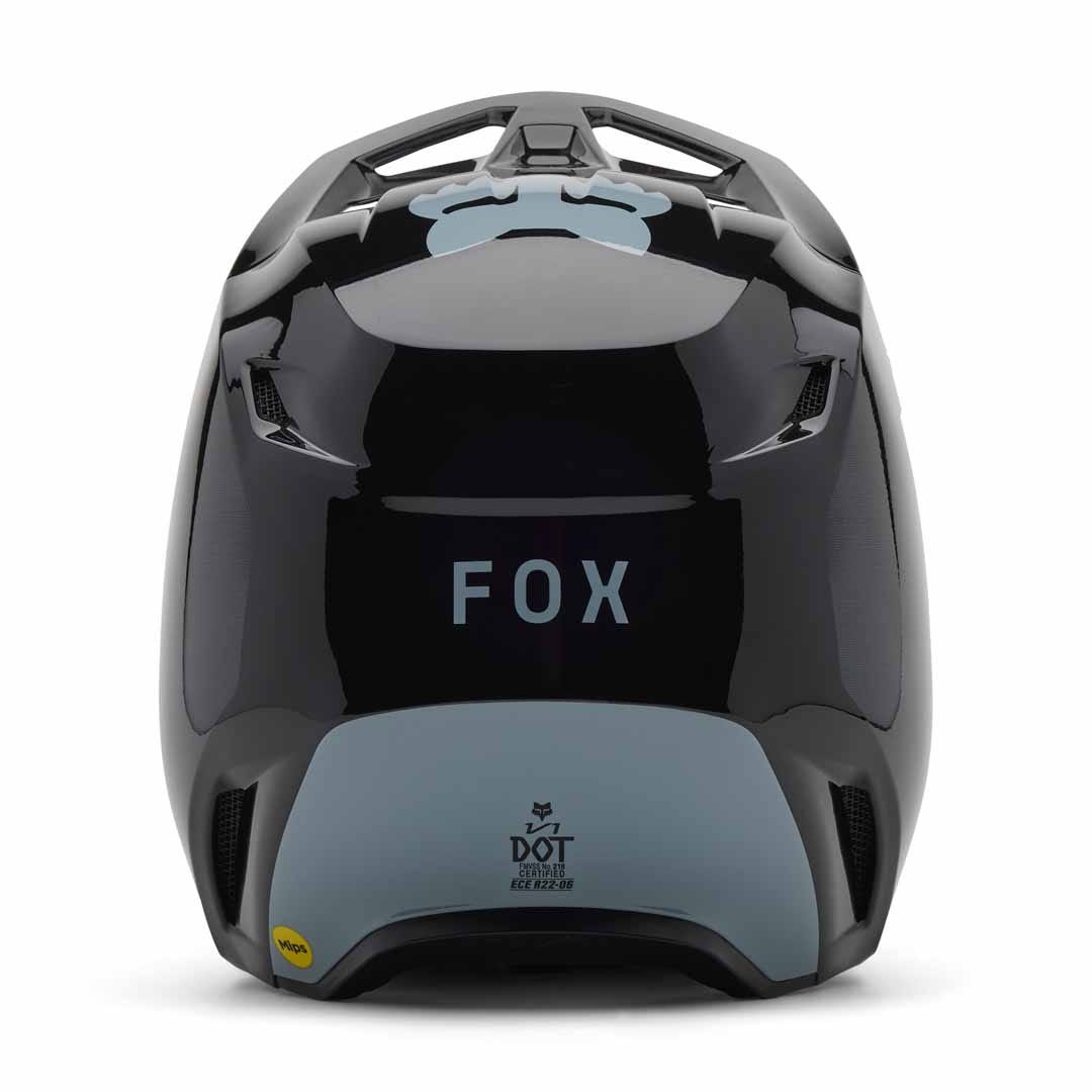 Rear view of the glossy black Fox YTH V1 Taunt Helmet with gray accents, ventilation openings, and visible certification markings—a top choice for youth BMX riders.