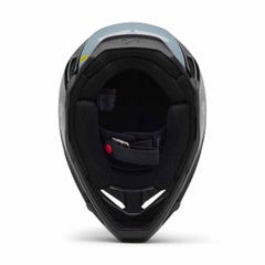 Front view of the Fox YTH V1 Taunt Helmet in black and gray, showing its padded interior and chin strap—ideal as an entry-level youth BMX helmet.