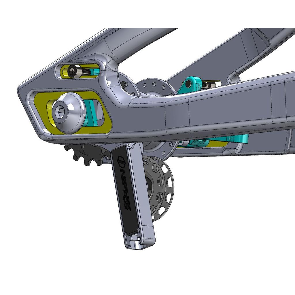 A CAD rendering of an Inspyre Concorde V3 ADS Tensioner bicycle frame sliding dropout with an integrated chain tensioner and a derailleur hanger.