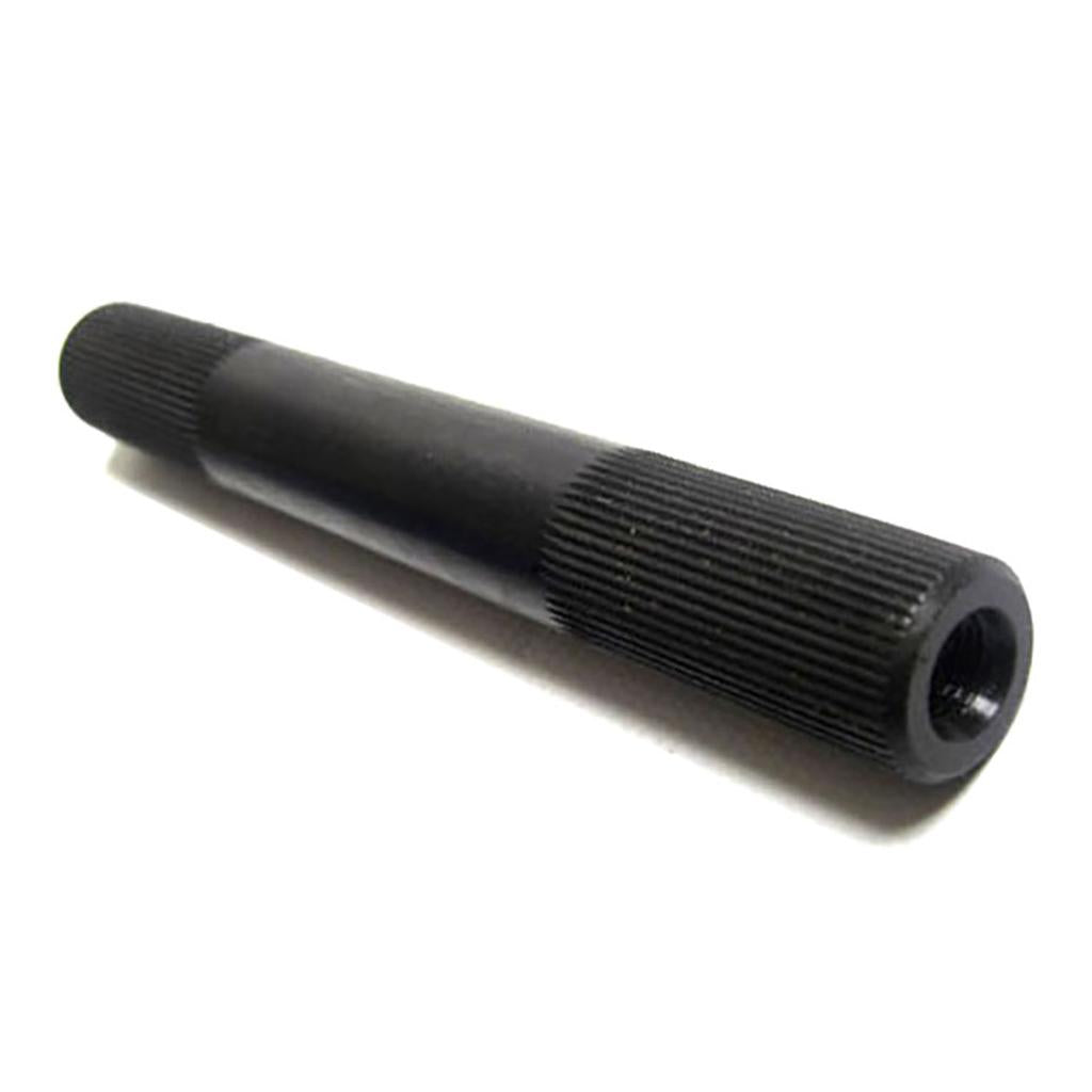 The Fit Bike Co Crank Spindle is a black metal 48-spline replacement with textured ends and one hollow side, designed for three-piece cranks. Shown on a white background.