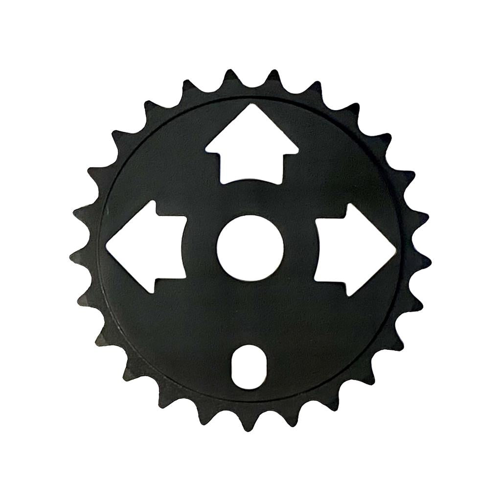 The Fit Bike Co Tri Front Sprocket is a black BMX sprocket featuring three upward, left, and right arrow cutouts plus a bottom oval cutout, designed for both durability and style.