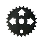 The Fit Bike Co Tri Front Sprocket is a black BMX sprocket featuring three upward, left, and right arrow cutouts plus a bottom oval cutout, designed for both durability and style.