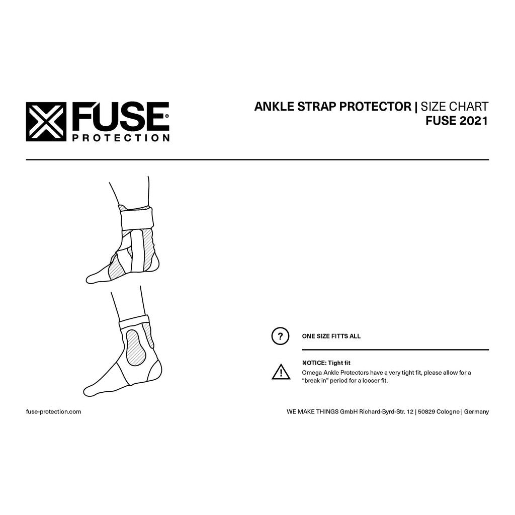 Illustration of the Fuse Alpha Ankle Protectors (Pair) with a size chart indicating "one size fits all," accompanied by usage instructions and a brand logo.