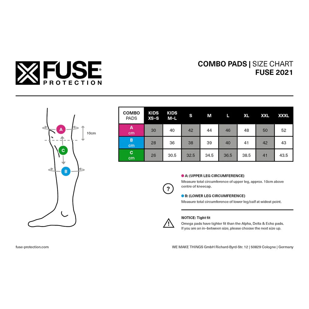 Size chart for Fuse Delta 125 Knee Shin Ankle Combo pads 2021, displaying various sizes from xs to xxl with corresponding measurements in cm, and labeled diagram of pad placement on a lower leg.