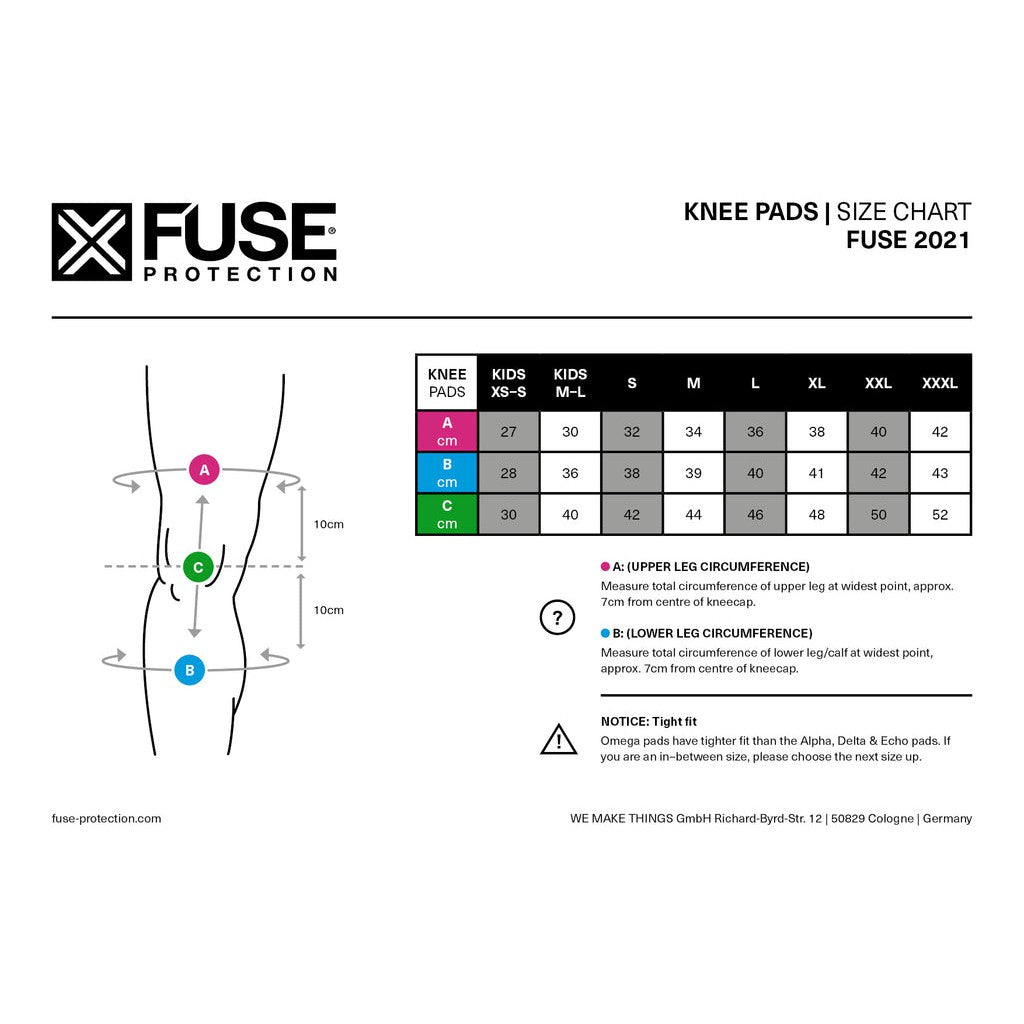 Fuse Alpha Knee Pad size chart from Fuse Protection featuring measurement guidelines and sizing for XS to XXL with sharkskin neoprene detailing.