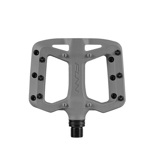 The FUNN Taipan S Junior Composite Flat Pedals feature a silver finish with black grip pins for excellent traction, and have the FUNN brand name engraved in the center.