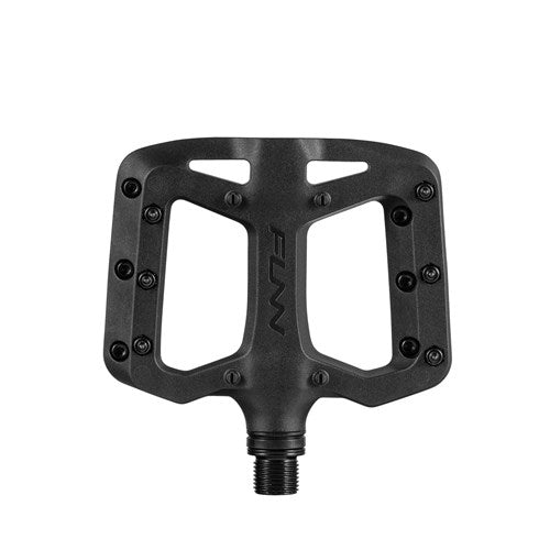 The FUNN Taipan S Junior Composite Flat Pedals feature a black glass fiber reinforced thermoplastic body, wide platform, multiple grip pins for traction, and "FUNN" branding in the center, viewed from above on a white background.