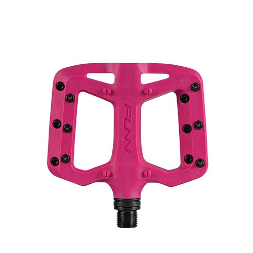 The FUNN Taipan S Junior Composite Flat Pedals are pink, feature metal pins for superior grip, have the "FUNN" logo embossed in the center, and are made from durable glass fiber reinforced thermoplastic.