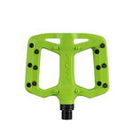A top view of the FUNN Taipan S Junior Composite Flat Pedals in bright green, made from glass fiber reinforced thermoplastic with black pins and a black spindle for superior grip.