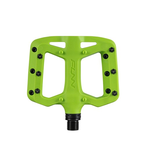 A top view of the FUNN Taipan S Junior Composite Flat Pedals in bright green, made from glass fiber reinforced thermoplastic with black pins and a black spindle for superior grip.