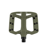 FUNN Taipan S Junior Composite Flat Pedals in olive green, made from glass fiber reinforced thermoplastic, feature black pins and a metal spindle for excellent grip traction, shown from above.