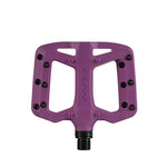 The purple FUNN Taipan S Junior Composite Flat Pedals feature a wide platform, are made from glass fiber reinforced thermoplastic, and include multiple grip pins plus a central spindle for secure attachment and superior traction.