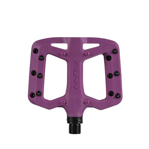 The purple FUNN Taipan S Junior Composite Flat Pedals feature a wide platform, are made from glass fiber reinforced thermoplastic, and include multiple grip pins plus a central spindle for secure attachment and superior traction.