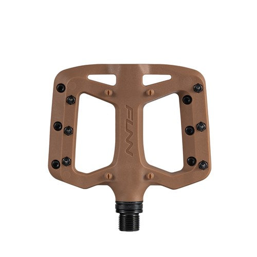 FUNN Taipan S Junior Composite Flat Pedals made of glass fiber reinforced thermoplastic with black pins for extra grip and a central spindle, shown top-down on a white background.