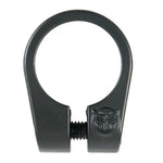 The Federal Investment Cast Seat Clamp is a black, circular seat clamp featuring an embossed front logo and a threaded screw at the base. Made from investment cast Chromoly, it offers exceptional strength and durability.