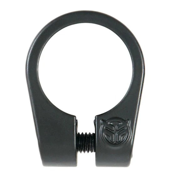 The Federal Investment Cast Seat Clamp is a black, circular seat clamp featuring an embossed front logo and a threaded screw at the base. Made from investment cast Chromoly, it offers exceptional strength and durability.