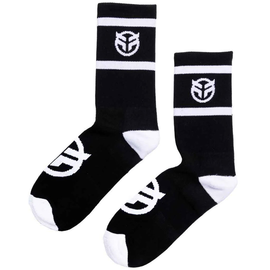 A pair of black Federal Logo Socks with white stripes and logo at the top, featuring a white shoe design on each sock.